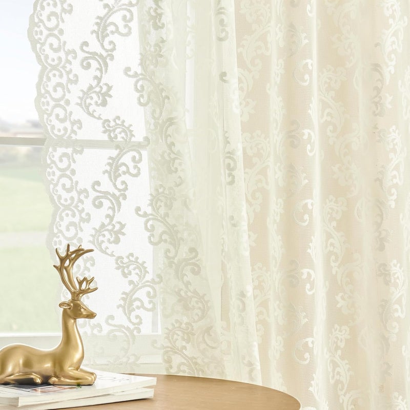 FOLKSIDE Ivory Lace Curtains 54 Inch Length 2 Panels Paisley Floral Curtains for Living Room Girls Bedroom Rod Pocket Light Filtering Sheer Curtains for Small Window Decor Neutral Drapes Basement, 52x54 - Image 1